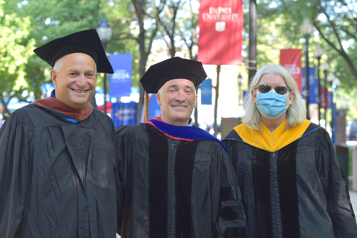 From left to right: Andy Clark, senior instructor and director of the Sports Management Program at the Driehaus College of Business; Tom Donley, interim dean of the business college; and Betty Shanahan, associate vice president for Administration and Operations at DePaul.
